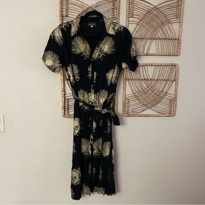 Kahulalea Floral Hawaiian Shirt Dress Ohia Lehua Print Black Gold Sz M‎ B4